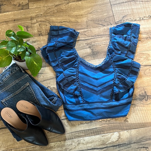 Free People Women’s XL New On a Yacht Blouse Blue Ruffle Backless Tie Crop Boho - Picture 1 of 8
